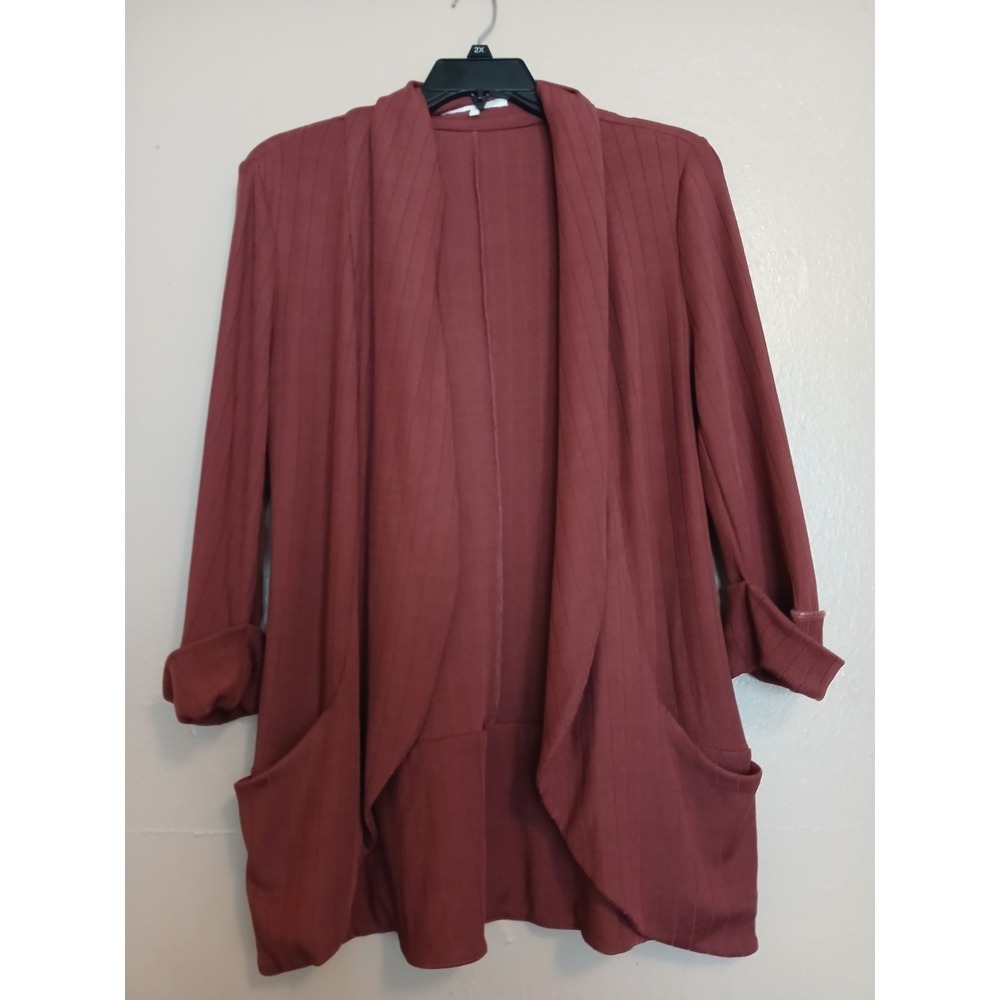 French Mauve Blazer Large Melanie Knit Open Front Boho Pockets Layers Relaxed
